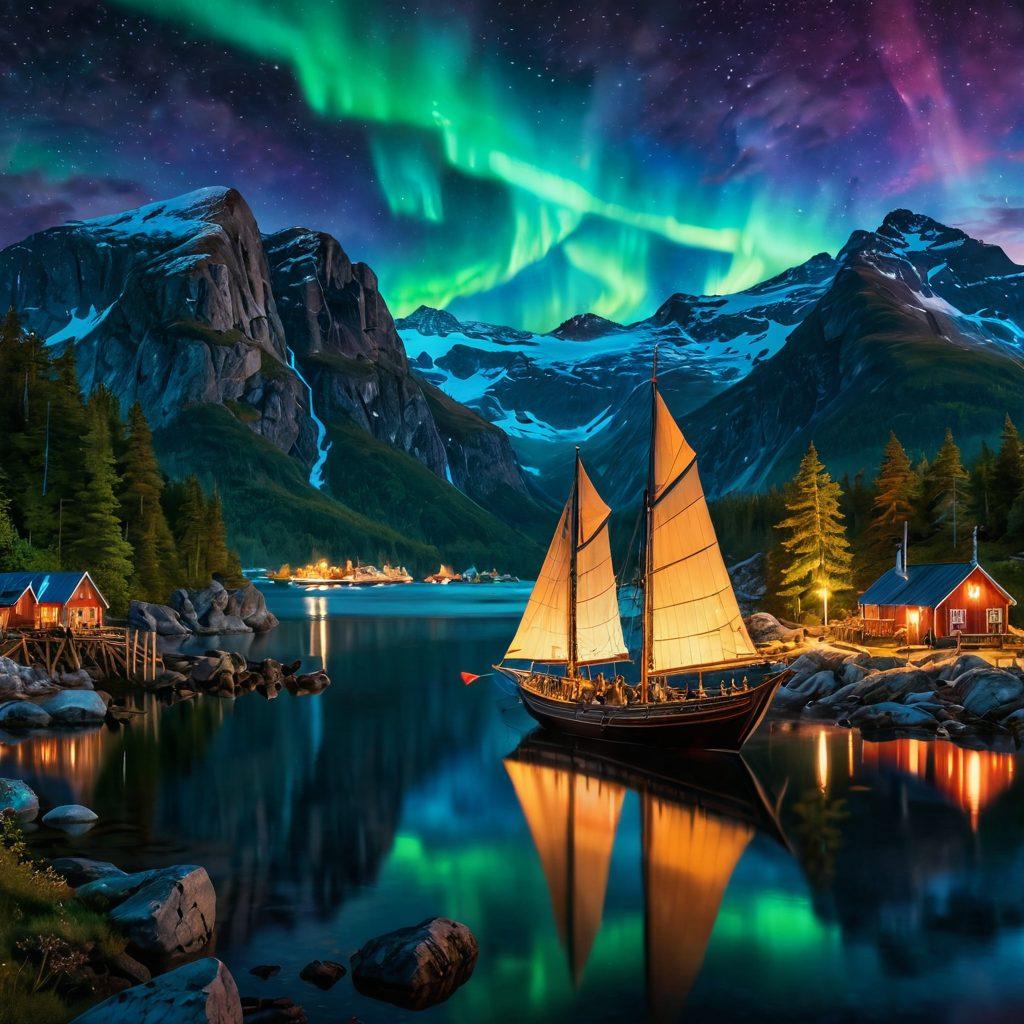 A breathtaking view of a rugged northern landscape featuring towering mountains, dense forests, and a crystal-clear fjord. In the foreground, a Viking longship with a colorful sail is docked, while adventurers in traditional Viking gear prepare for an expedition. The vibrant northern lights dance across the sky, adding a mystical touch to the scene. Elements of exploration like a compass and maps scattered around. super-realistic. vibrant colors. dramatic lighting.