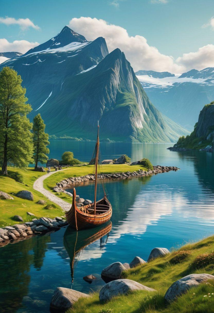 A breathtaking Nordic landscape featuring majestic fjords and snow-capped mountains, with a Viking ship sailing amidst the serene waters. Include ancient runestones and lush greenery in the foreground to evoke a sense of adventure and history. The scene should be infused with a sense of wonder and exploration, showing travelers engaging with Viking heritage. realistic. vibrant colors. panoramic view.