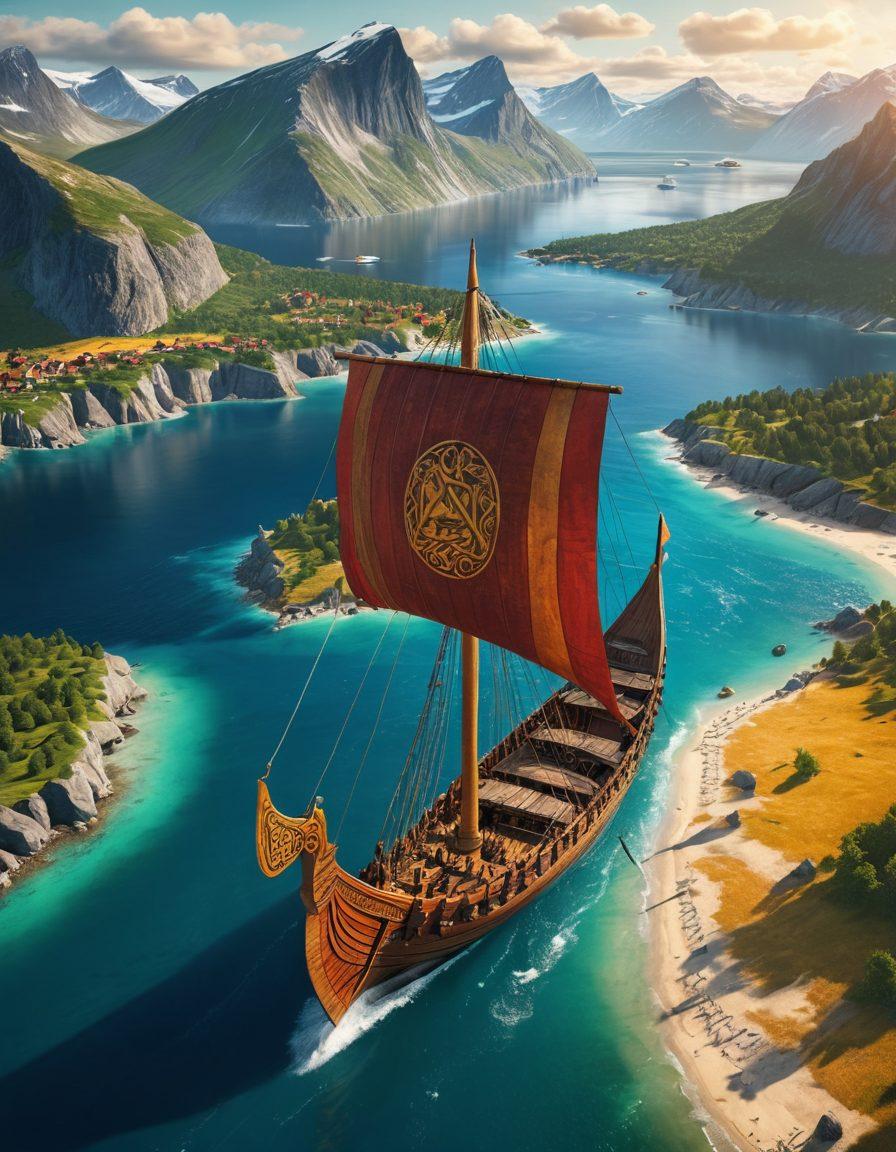 A majestic Viking ship sailing through an azure sea, adorned with vibrant sails depicting Norse mythology. In the foreground, iconic Viking symbols and travel passes scattered across an ancient map, with lush Scandinavian landscapes in the background. Majestic fjords rise under a bright sun, while a distant village showcases traditional longhouses. Vibrant colors. super-realistic. 3D.